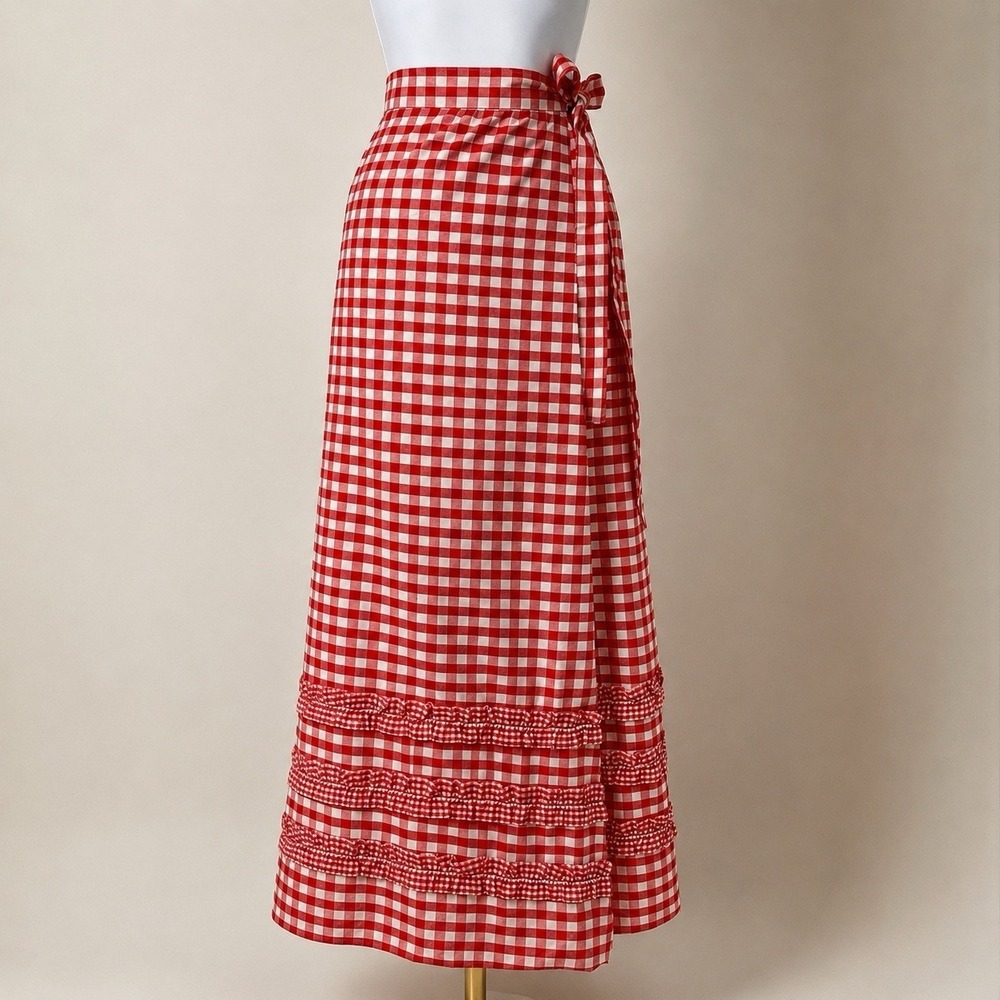 Vintage Red White Gingham Wrap Skirt Sz M/L Maxi Ruffle Prairie Cottage Picnic